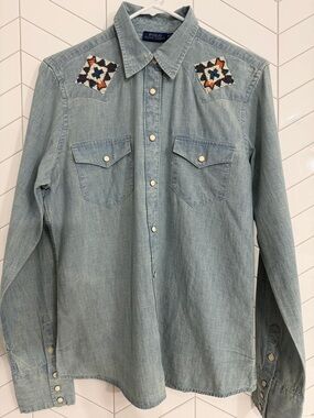 Polo Ralph Lauren Chambray Shirt Beaded Western Snap Button Top Size M